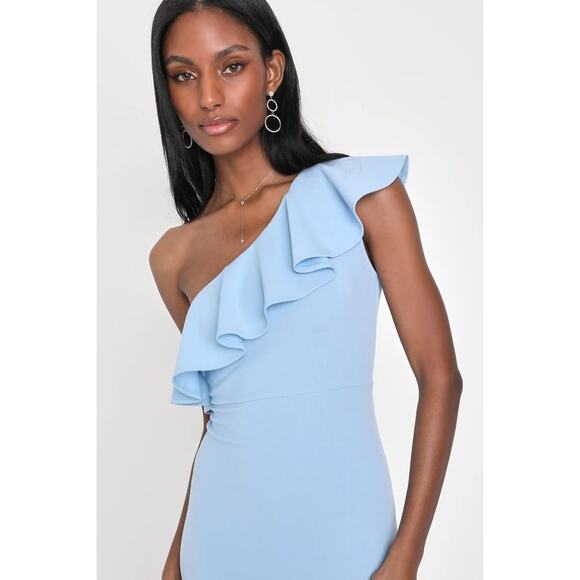 LULUS NEW Last Forever One-Shoulder Ruffled Maxi Dress Powder Blue Women's S - Picture 5 of 13